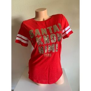 Victoria’s Secret PINK Red Sequin Bling Tee Shirt Top SANTA I KNOW HIM S